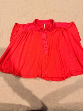 Free People Red Short Sleeve Button Polo Blouse - S